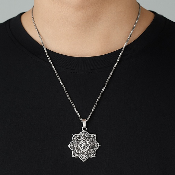 Stainless Steel Mandala Pendant Necklace | 24” Chain | Boho Spiritual Jewelry - Picture 2 of 7